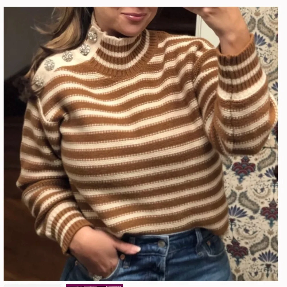 J. Crew striped Cable knit mockneck pullover in jewel bling buttons size L